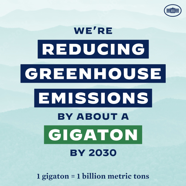 Plakat mit Text und Logo, das besagt: "Wir reduzieren die Treibhausgasemissionen bis 2030 um etwa eine Gigatonne.", das die Reduzierung der Treibhausgase bis 2030 fordert.