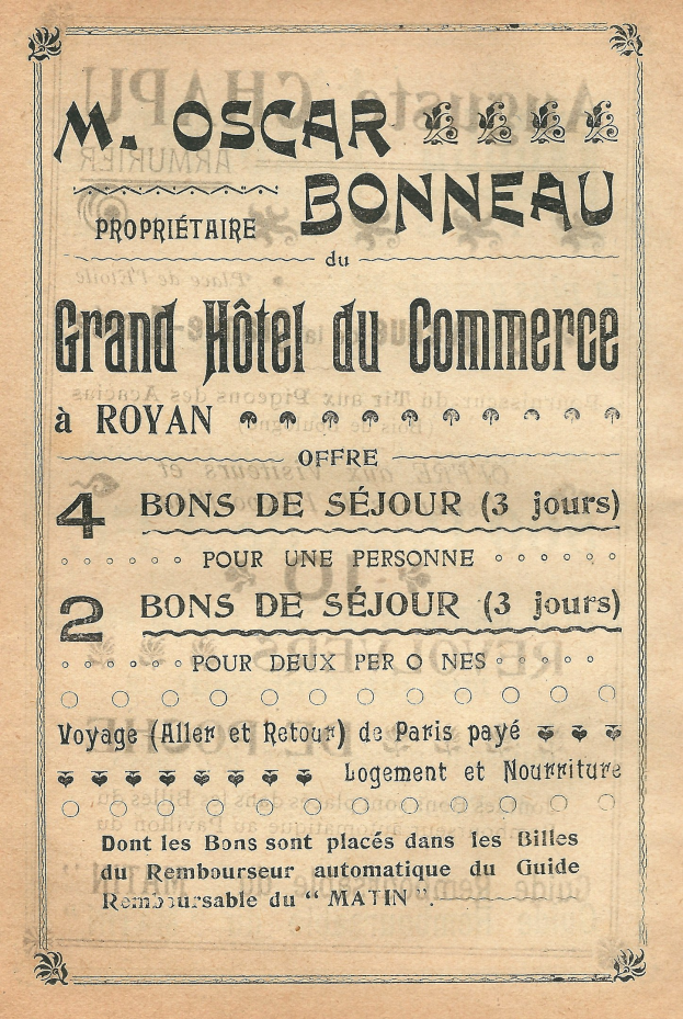 Werbung für das Grand Hotel du Commerce in Paris mit Texten, die die Hotelangebote hervorheben.