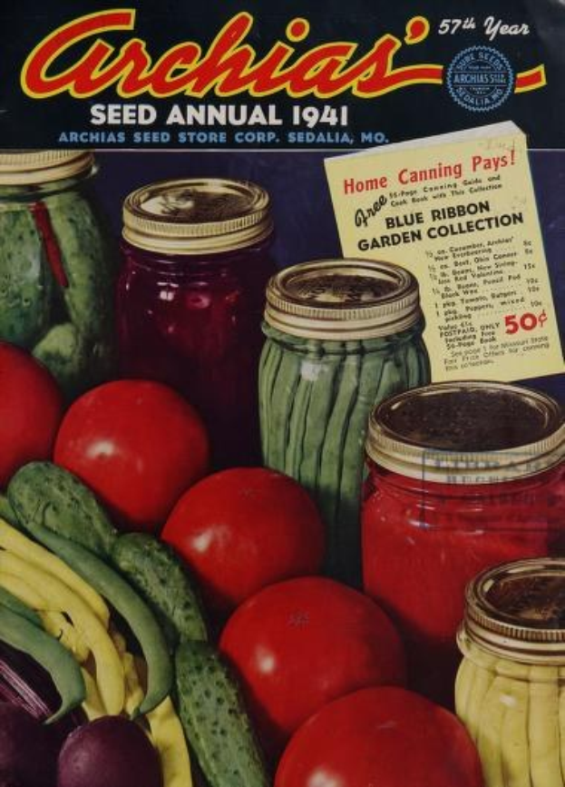 Ein Buch mit dem Titel "Archias Saatgut-Jahrbuch 1941", das einen Einband mit Tomaten, Gurken, Paprika und Gläsern voller bunter Gemüse zeigt, mit fetter Schrift, die den Inhalt beschreibt.