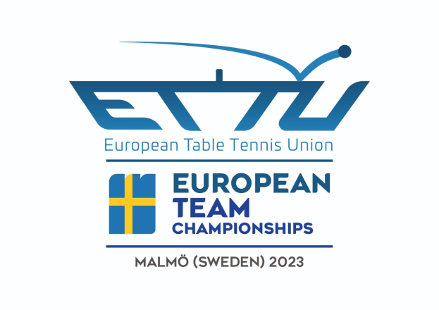Logo der Europäischen Tischtennis-Union (ETTU) für die Europameisterschaften der Mannschaften, mit einem blauen Kreis mit einem weißen Tischtennisschläger und einem weißen und blauen Rand, mit schwarzem Text darunter.