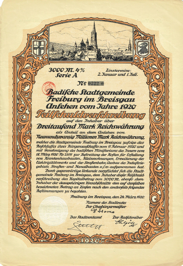 Altes deutsches Aktienzertifikat mit einer Stadtillustration und gedrucktem Text, der Aktien Details angibt.