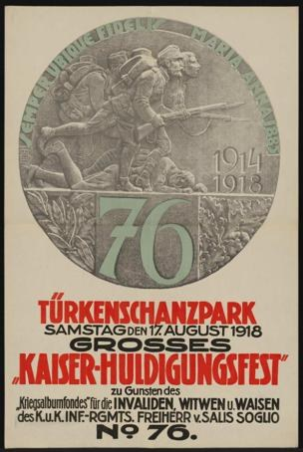 Plakat zum 70. Jubiläum des Kaiser-Huldigungsfestes in Berlin, Deutschland, mit einer Gruppe von Menschen in der Mitte und umgeben von Text und Zahlen in einem klassischen Foto Rahmen.