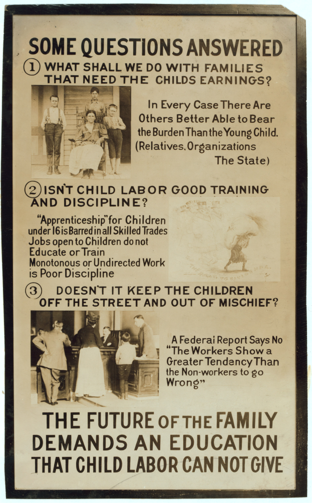 Ein Plakat mit einem hellgelben Hintergrund zeigt eine Gruppe verschiedener Menschen, die zusammen in einem Kreis stehen, mit dem Text "Die Zukunft der Familie verlangt eine Bildung, die Kinderarbeit nicht geben kann."