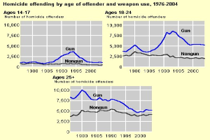 Balkendiagramm, das die Mordverurteilungen nach Alter des Täters und Waffennutzung von 1976 bis 2004 zeigt, mit begleitendem erklärendem Text.