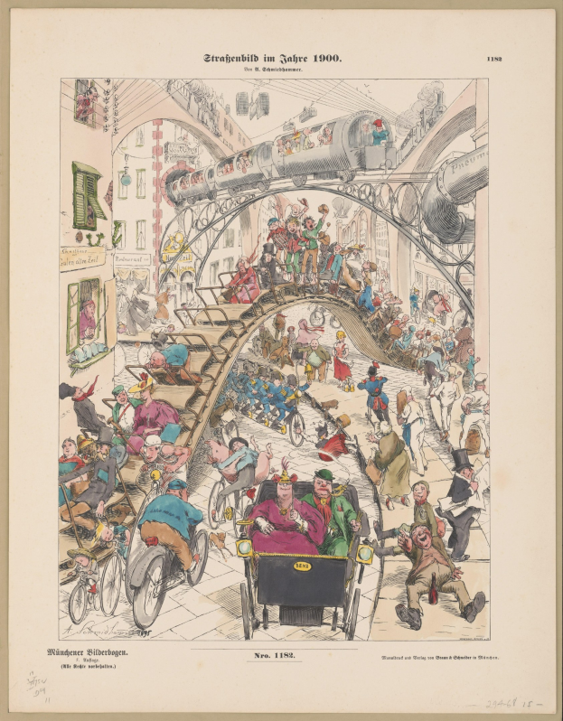 Schwarz-weiß-Illustration eines überfüllten Bahnhofs im Jahr 1900, umrahmt von einem Fotorand, mit Menschen, die in verschiedene Richtungen schauen und besorgt aussehen.