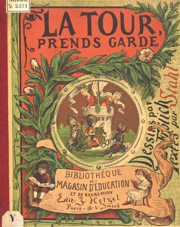 Buchumschlag mit Kindern, die fröhlich in einem üppigen Garten mit grünen Blättern und blühenden Blumen spielen, betitelt mit "La Tour Prends Garde".