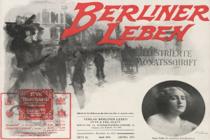 Eine Frau in einem Kleid und ein Mann in einem Anzug sind auf einem Plakat für den Berliner Leben Film zu sehen, mit Text, einer Briefmarke und einigen Menschen und Gebäuden im Hintergrund.