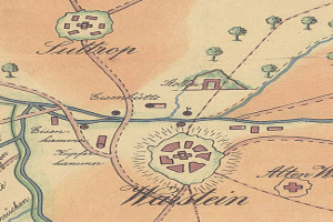 Ein detailliertes altes Stadtplan von Waffenheim, Deutschland, mit Straßen, Gebäuden, Sehenswürdigkeiten, Häusern und Bäumen mit Textanmerkungen.