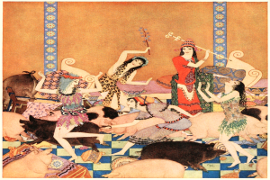 Ein Bild namens 'Der Tanz der Schweine' von Arthur Rackham, das eine Gruppe von Menschen und Schweinen in einem Raum zeigt, mit einer Frau in der Mitte, die einen Stock hält.