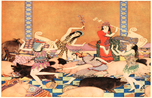 Ein Bild namens 'Der Tanz der Schweine' von Arthur Rackham, das eine Gruppe von Menschen und Schweinen in einem Raum zeigt, mit einer Frau in der Mitte, die einen Stock hält.