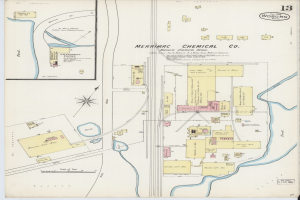 Ein altes Stadtplan von Merrimac, Michigan, gerahmt und zeigt den Standort eines chemischen Unternehmens.