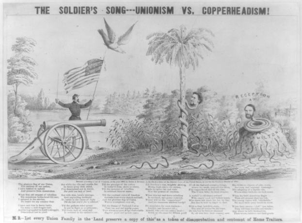 Plakat, das eine Person auf einer Kanone stehend zeigt, die eine Fahne hält, umgeben von Bäumen, Pflanzen und einer Schlange, mit der Aufschrift "The Soldier's Song - Unionism vs Copperheadism."