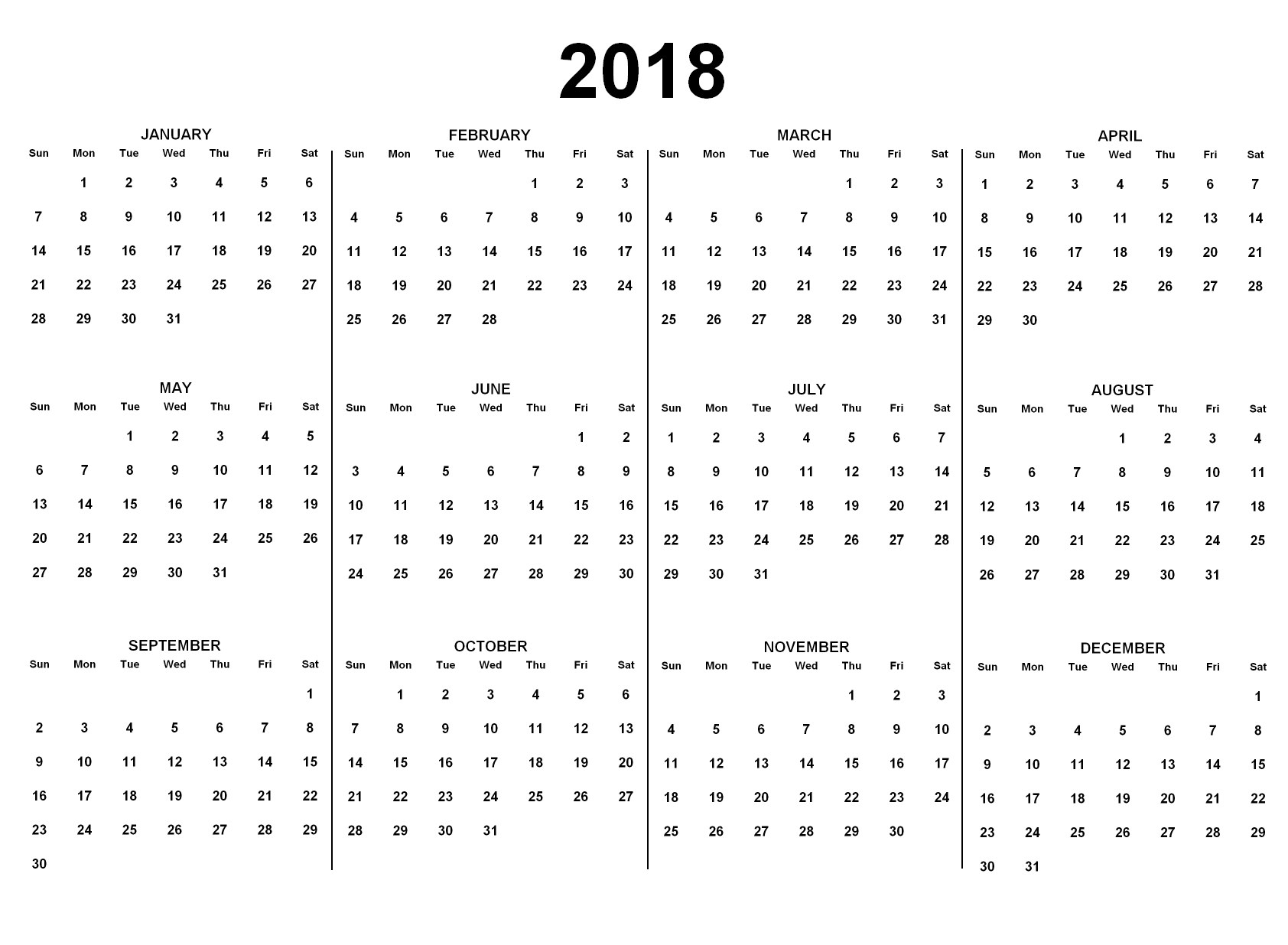 Ein Schwarz-Weiß-Kalender für das Jahr 2018, der die Feiertage der USA zeigt, mit fetter schwarzer Schrift auf weißem Hintergrund.
