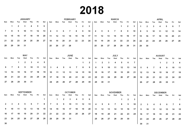 Ein Schwarz-Weiß-Kalender für das Jahr 2018, der die Feiertage der USA zeigt, mit fetter schwarzer Schrift auf weißem Hintergrund.