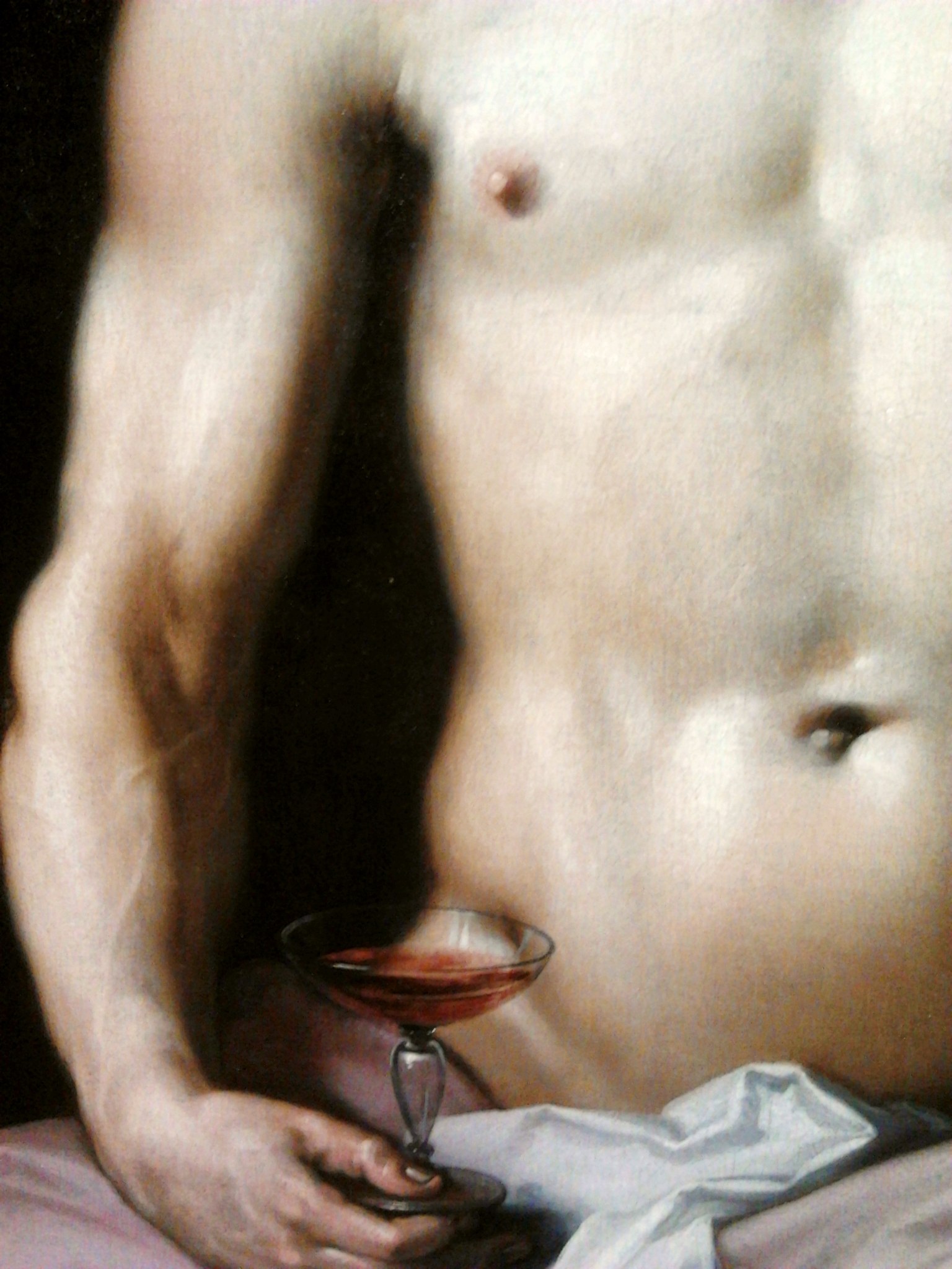Painting of a man in a white shirt holding a martini glass filled with a deep red liquid, eyes closed in apparent enjoyment, set in a warm atmosphere.