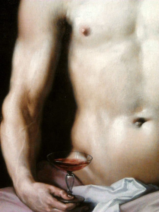 Painting of a man in a white shirt holding a martini glass filled with a deep red liquid, eyes closed in apparent enjoyment, set in a warm atmosphere.
