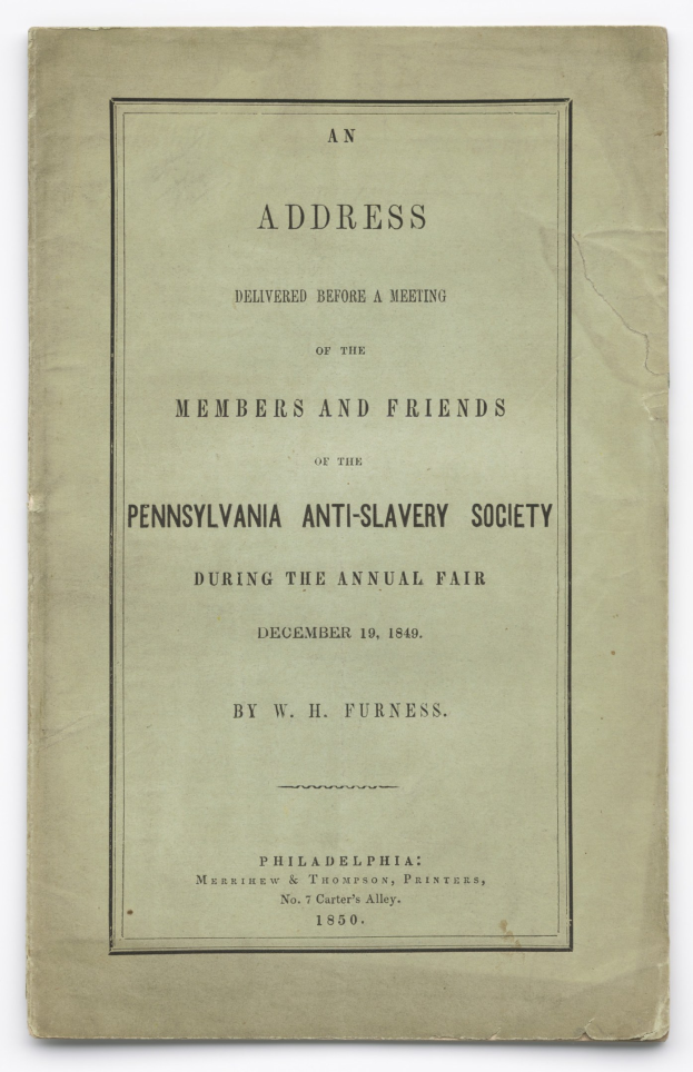 Titelbild eines aufgeschlagenen Buches mit der Aufschrift "Eine Ansprache vor einer Versammlung der Mitglieder und Freunde der Pennsylvania Anti-Slavery Society während der jährlichen Messe"