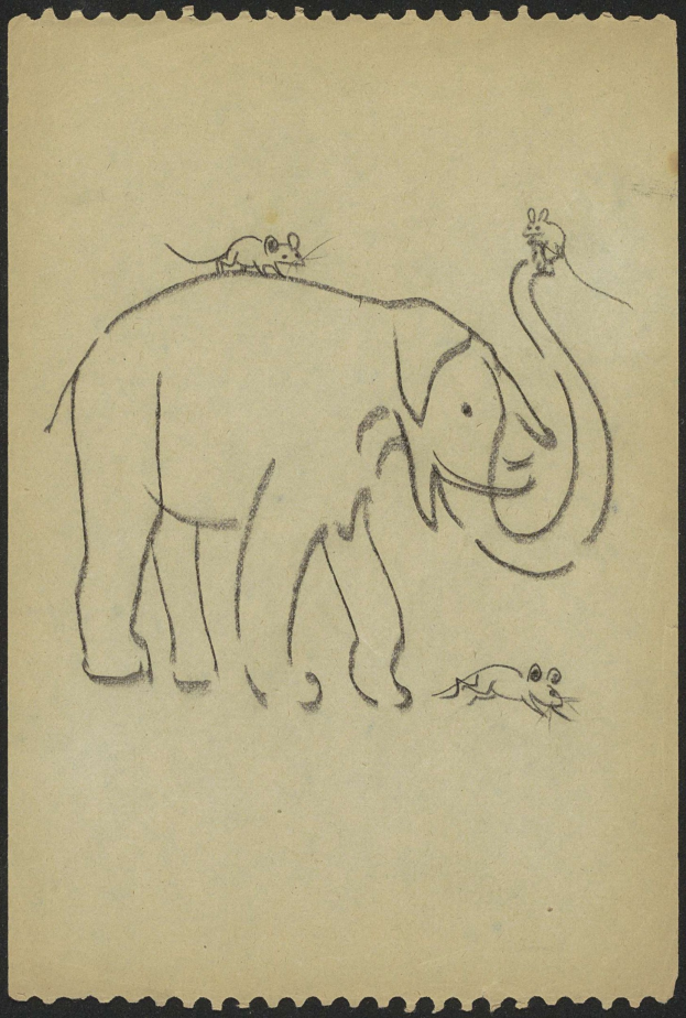 Eine Zeichnung eines aufrecht stehenden Elefanten mit erhobenem Rüssel und einer Maus auf seinem Rücken, beide wirken friedlich.