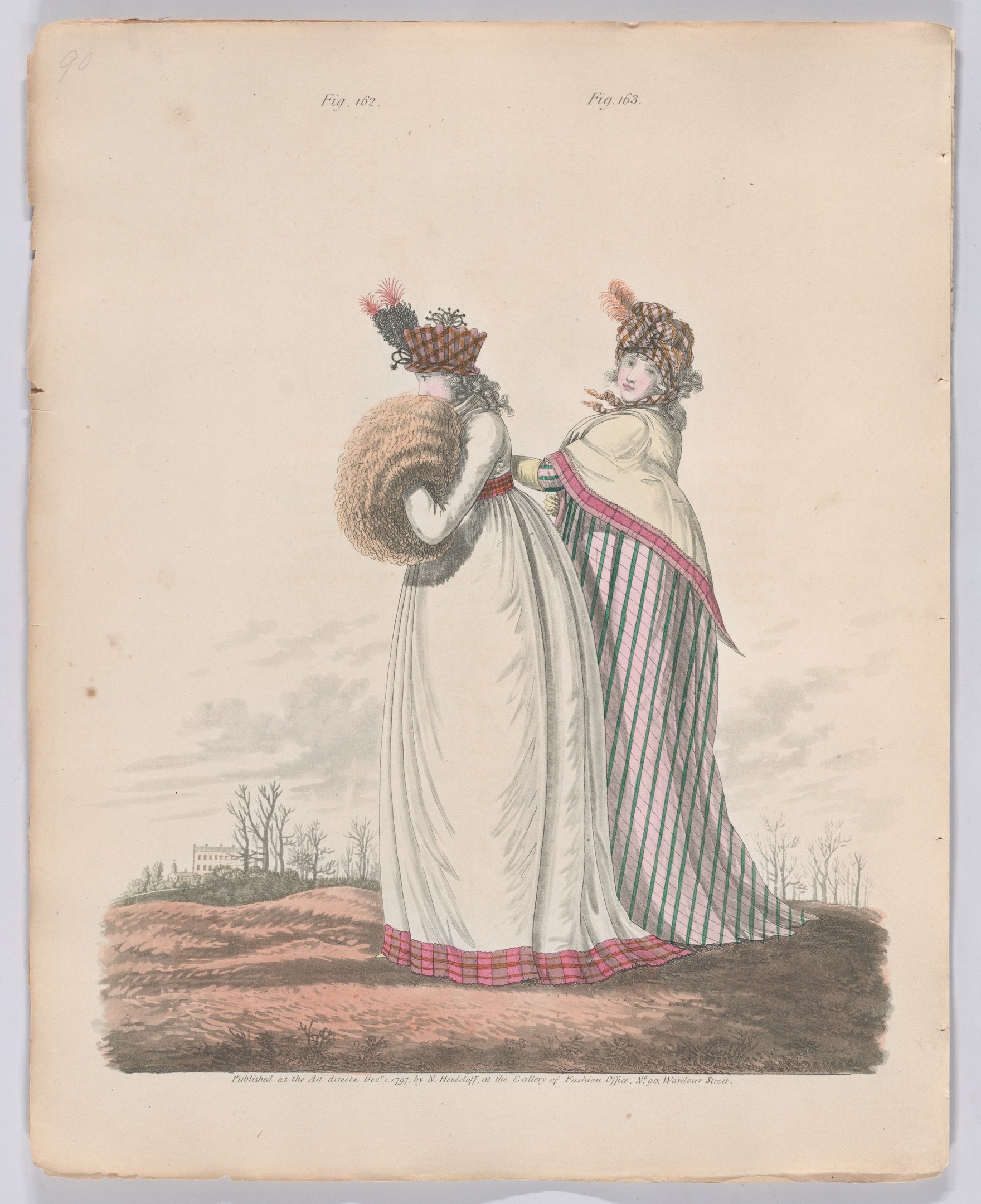Zwei Frauen in weißen Kleidern und Hüten stehen Seite an Seite im Freien, mit Bäumen und einem Gebäude im Hintergrund, begleitet von Text, der unten 'Fashion for the Dresses of the College of Fashion, 1853' lautet.