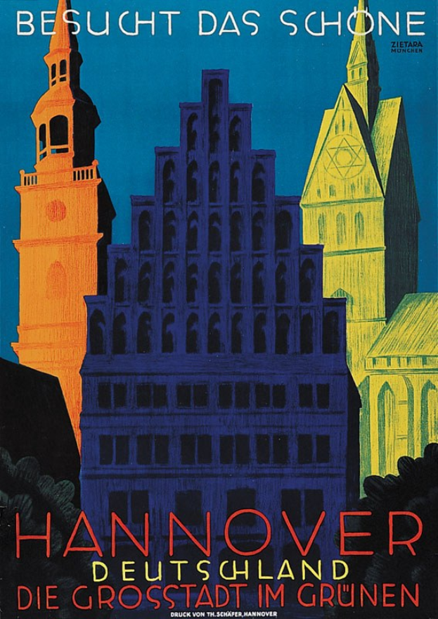 Ein Plakat bewirbt Hannover, Deutschland, mit einigen Gebäuden, Bäumen und Textinformationen über die Stadt.